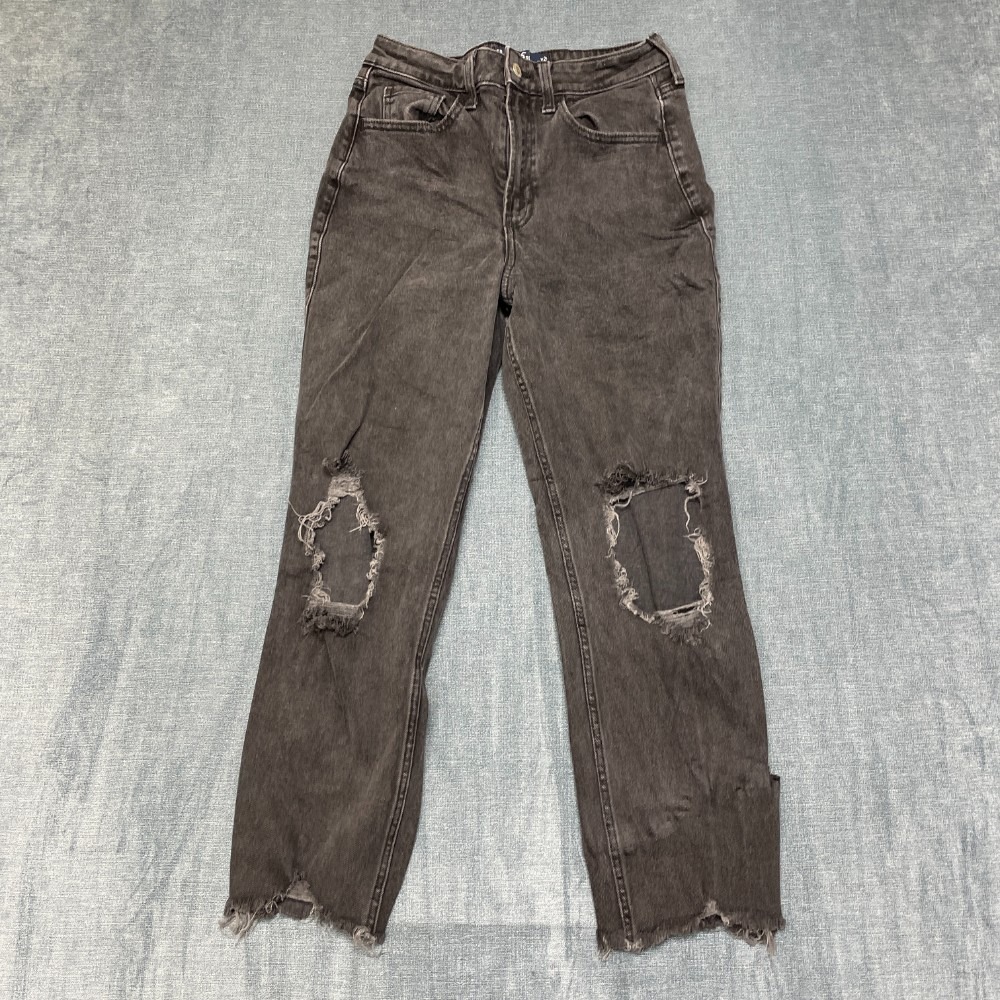 Hollister Jeans Womens 27W Black Denim Dark Wash Distressed Frayed Hem Straight
